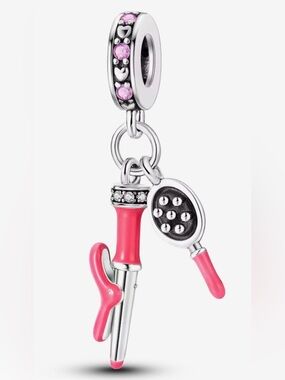 Silver & Pink Sparkle Curling Iron & Hair Brush Dangle Charm